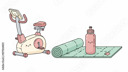 Cartoon illustration of a smiling exercise bike, yoga mat, and water bottle on a green mat against a white background with a playful and healthy mood.