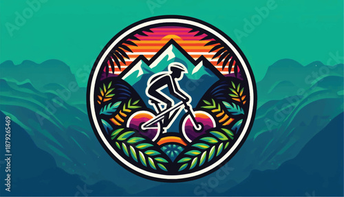 Mountain Biker Adventure Emblem with Vibrant Nature Scenery.