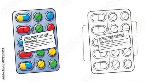 Colorful and blank pill blister packs with directions