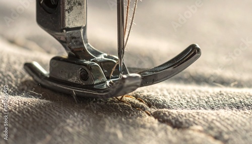 Detailed macro view of a sewing machine needle and presser foot precisely stitching fabric, capturing the intricate thread work and mechanism under soft, focused lighting