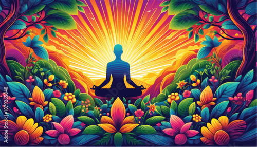 Silhouette of a person meditating in a vibrant colorful natural setting.