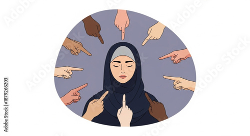 Illustration of a Muslim woman in a hijab being pointed at by multiple hands, symbolizing discrimination and societal judgment