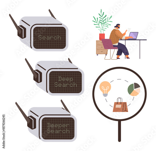 Advanced search, data analytics, e-commerce insights, remote work concepts, innovation, research. Multiple search level indicators, an individual working remotely magnifier with icons. Advanced