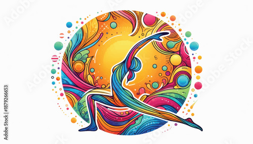 Vibrant Yoga Pose Illustration with Dynamic Colors and Flowing Lines.