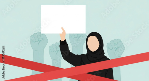 International Day To Combat Islamophobia Woman holding a blank sign in protest, fist raised in solidarity with other protesters against injustice