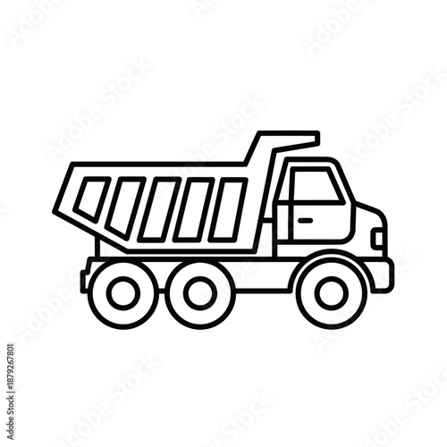Heavy Duty Dump Truck Line Icon. Construction Vehicle Outline Symbol for Transport, Hauling, and Mining Equipment Vector Graphic.