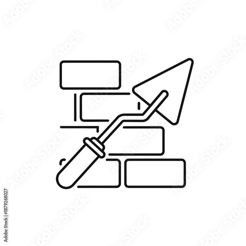 Construction and Masonry Icon: Trowel with Brick Wall Outline. Building, Repair, and Home Renovation Minimalist Vector Graphic.