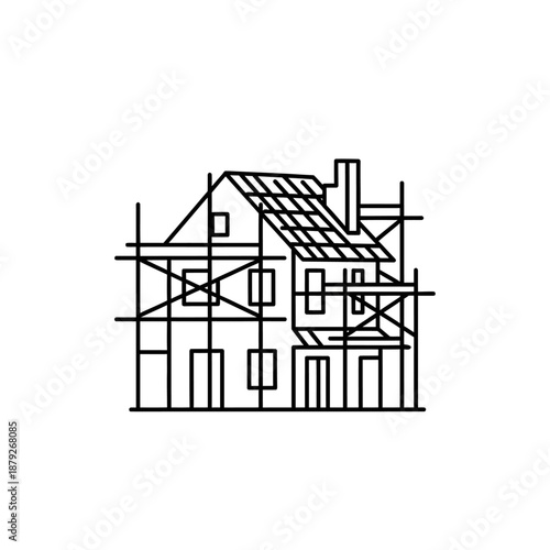 Home Renovation Icon: House Under Construction Outline with Scaffolding. Minimalist Real Estate Improvement Line Art Vector.
