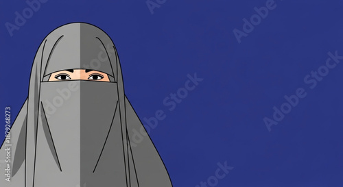 International Day To Combat Islamophobia A veiled woman her face partially obscured by a grey niqab, set against a plain blue background, creating a sense of mystery and focus