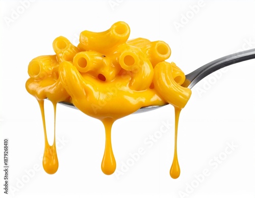 Delicious Mac and Cheese on a Spoon with Dripping Cheese Sauce.