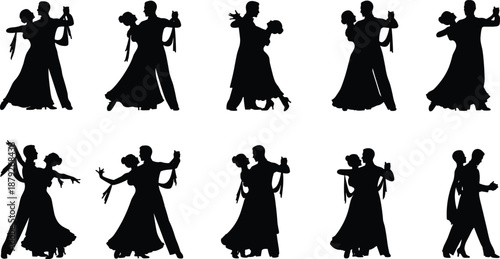 Elegant ballroom dance couple silhouettes performing waltz tango poses romantic partner choreography black white vector illustration set collection