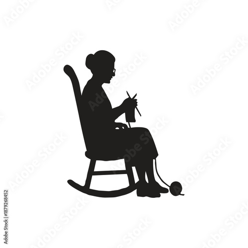 Icon image of a grandmother knitting silhouette illustration depicting an elderly woman who is relaxed, calm, and focused on her hobby