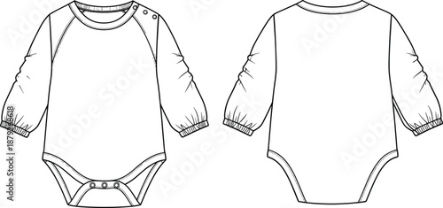 Baby bodysuit technical line drawing front and back view, long sleeve infant romper apparel flat vector illustration template