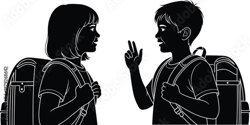 School children silhouettes talking with backpacks friendly communication friendship education concept black white vector illustration for learning design projects