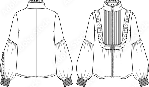Women ruffle blouse technical line drawing front and back view, high neck long sleeve fashion flat vector illustration