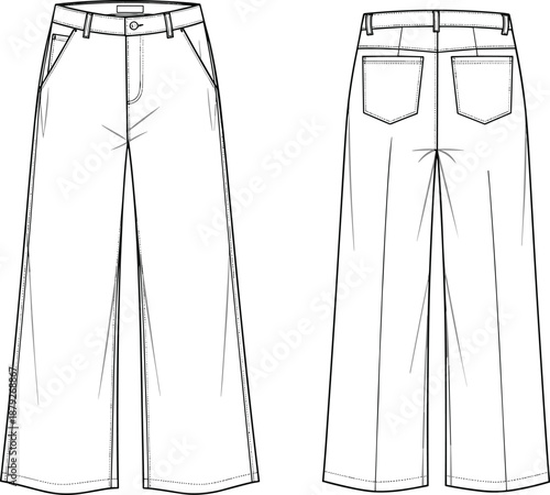 Women wide leg pants technical fashion illustration, front and back view trousers, high waist garment, CAD drawing flat vector