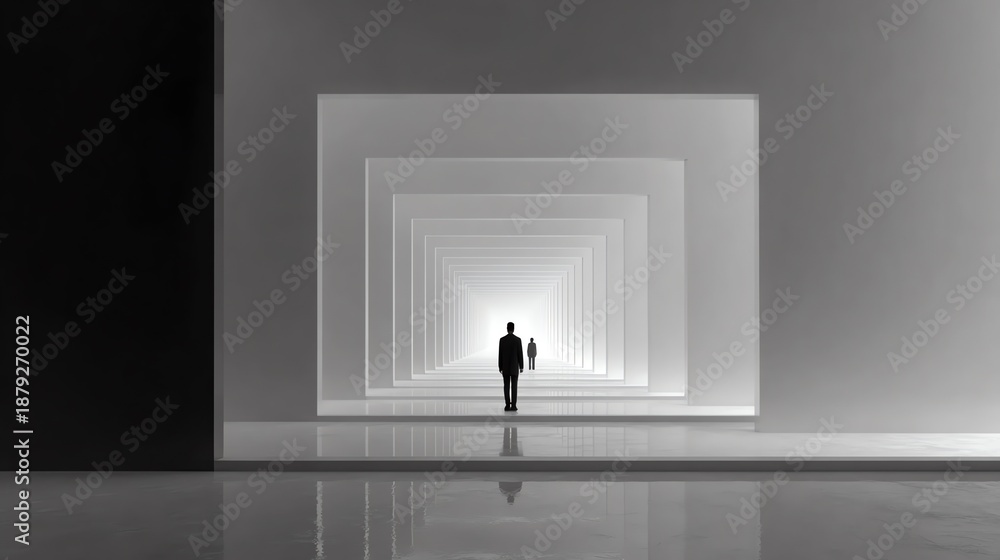 Obraz premium figures walking through repeating geometric corridor toward a luminous vanishing point, conveying depth, explore, modern architecture, and the quiet journey toward the unknown