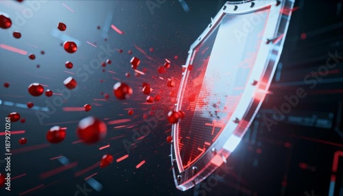digital 3D shield blocking red glitch particles for safer internet day malware protection and cyber defense background
