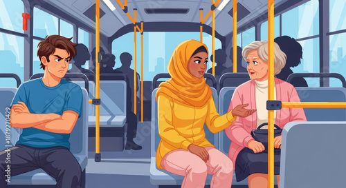 International Day To Combat Islamophobia Urban Commute Dynamics Diverse Passengers Engaged in Lively Conversation and Quiet Reflection Aboard a City Bus Journey
