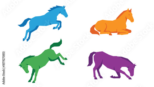 Colorful Horse Silhouettes: Jumping, Lying, and Grazing Set