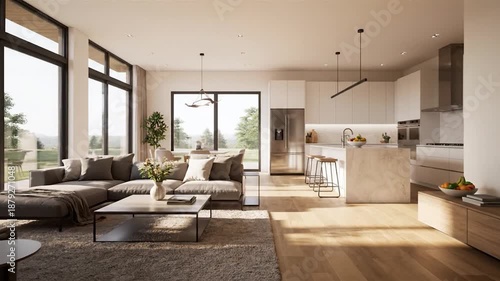 Wallpaper Mural Modern Open Concept Living Room and Kitchen with Large Windows and Natural Light. Torontodigital.ca