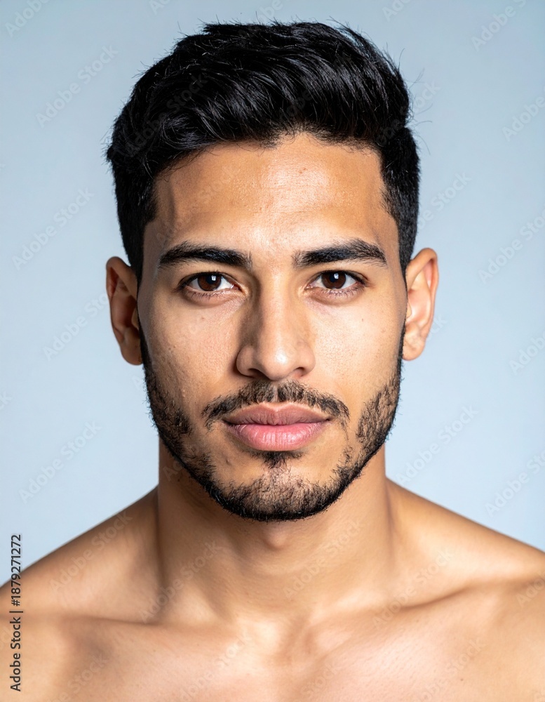 Fototapeta premium Portrait of a Handsome Man with Intense Gaze and Clean Shaven Look.