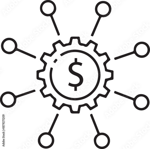 Money gear icon financial process symbol dollar sign inside cogwheel connected to radiating circles network