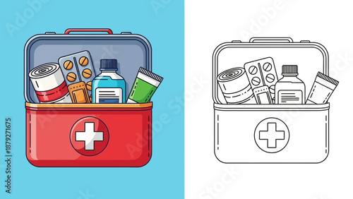First aid kit with medical supplies for emergency care