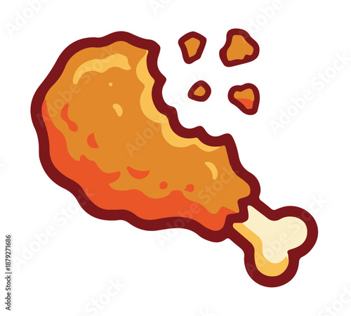 Bitten crispy fried chicken drumstick illustration showing meat texture and falling crumbs, eaten fast food vector.