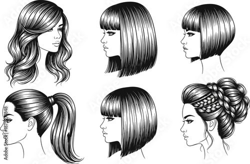Female hairstyles illustration set featuring bob ponytail braided updo wavy hair fashion beauty black white vector design portrait collection art