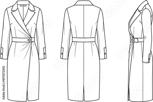 Women's belted wrap coat technical fashion illustration front back side views long sleeve tailored outerwear vector flat garment drawing template