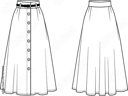 Women's high waist button front midi skirt technical fashion illustration front back views vector flat garment drawing apparel design template