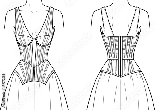 Women's corset bodice dress technical fashion illustration front back views structured lingerie style top vector flat garment drawing template