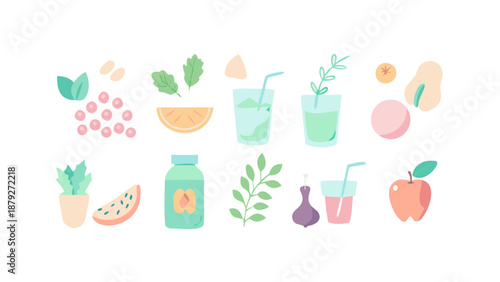Plant-Based Healthy Food Flat Icons. Minimal flat vector icon set of 10 plant-based healthy foods and drinks in a soft pastel wellness palette, perfect for vegan apps, nutrition guides, and lifestyle.