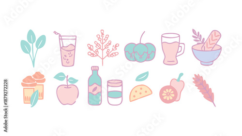 Plant-Based Healthy Food Flat Icons. Minimal flat vector icon set of 12 plant-based healthy foods and drinks in a soft pastel wellness palette, perfect for vegan apps, nutrition guides, and lifestyle.
