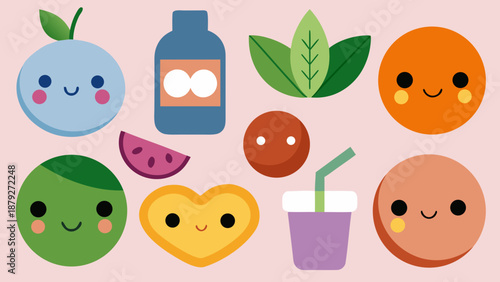 Plant-Based Healthy Food Flat Icons. Minimal flat vector icon set of 10 plant-based healthy foods and drinks in a soft pastel wellness palette, perfect for vegan apps, nutrition guides, and lifestyle.