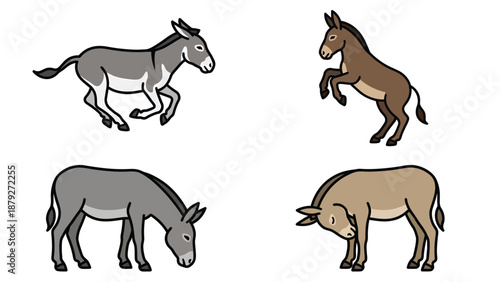 Cartoon Donkeys: Variety of Poses, Isolated on White Background