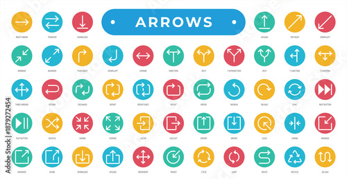 Arrow icon set collection, featuring navigation, direction, transfer, refresh, sync, movement, and interface actions for web, app, UI, and marketing design.