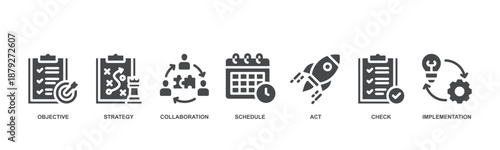 Action plan web banner icon vector illustration concept with objective, strategy, collaboration, schedule, act, launch, check, and implementation icon