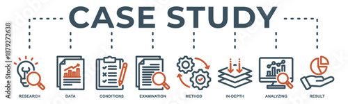 Case study concept icon illustration contain research, data, conditions, examination, method, in-depth, analyzing and result.