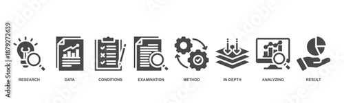 Case study banner web icon vector illustration concept with icon of research, data collection, conditions, examination, method, in-depth analysis, analyzing, and result presentation.