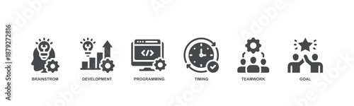 Hackathon banner web icon vector illustration concept for design sprint-like social coding event with icon of brainstorm, development, programming, timing, speed, teamwork, and goal.