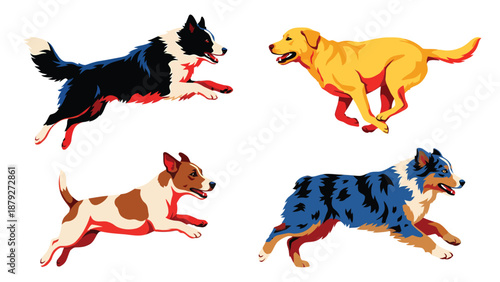 Dog Breeds in Motion: Vector Illustration of Running Canines