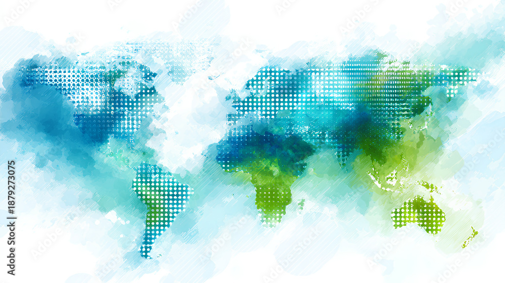 Obraz premium World map and digital background in horizontal layout for banners and advertisements, stock illustration on a white background