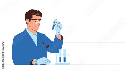 Scientist in lab coat holding test tube with blue liquid, conducting experiment