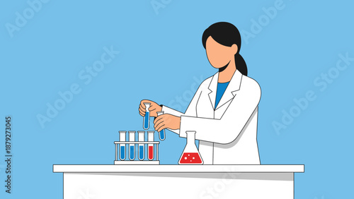 Scientist Conducting Experiment with Test Tubes and Flask in Laboratory