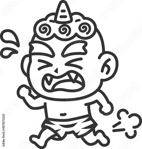 走って逃げる、青鬼（線画）のイラスト