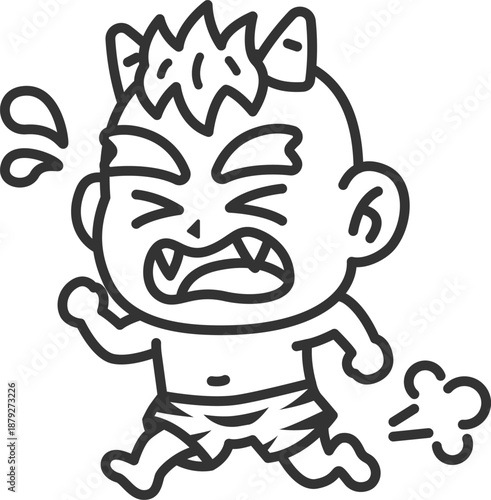 走って逃げる、黄鬼（線画）のイラスト