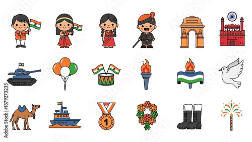 Collection of cute cartoon icons representing Indian culture, national symbols, and independence day celebrations, featuring people, monuments, and patriotic elements.