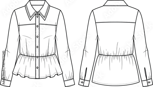 Hand drawn women peplum blouse front and back fashion technical illustration vector outline apparel design template isolated white background